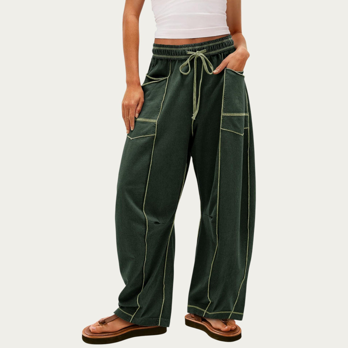 Anna-Kaci Women¡¯s Soft Wide Leg Pants with Cargo Style Seam Detailing Adjustable Drawstring Waistband and Relaxed Stretch Fit