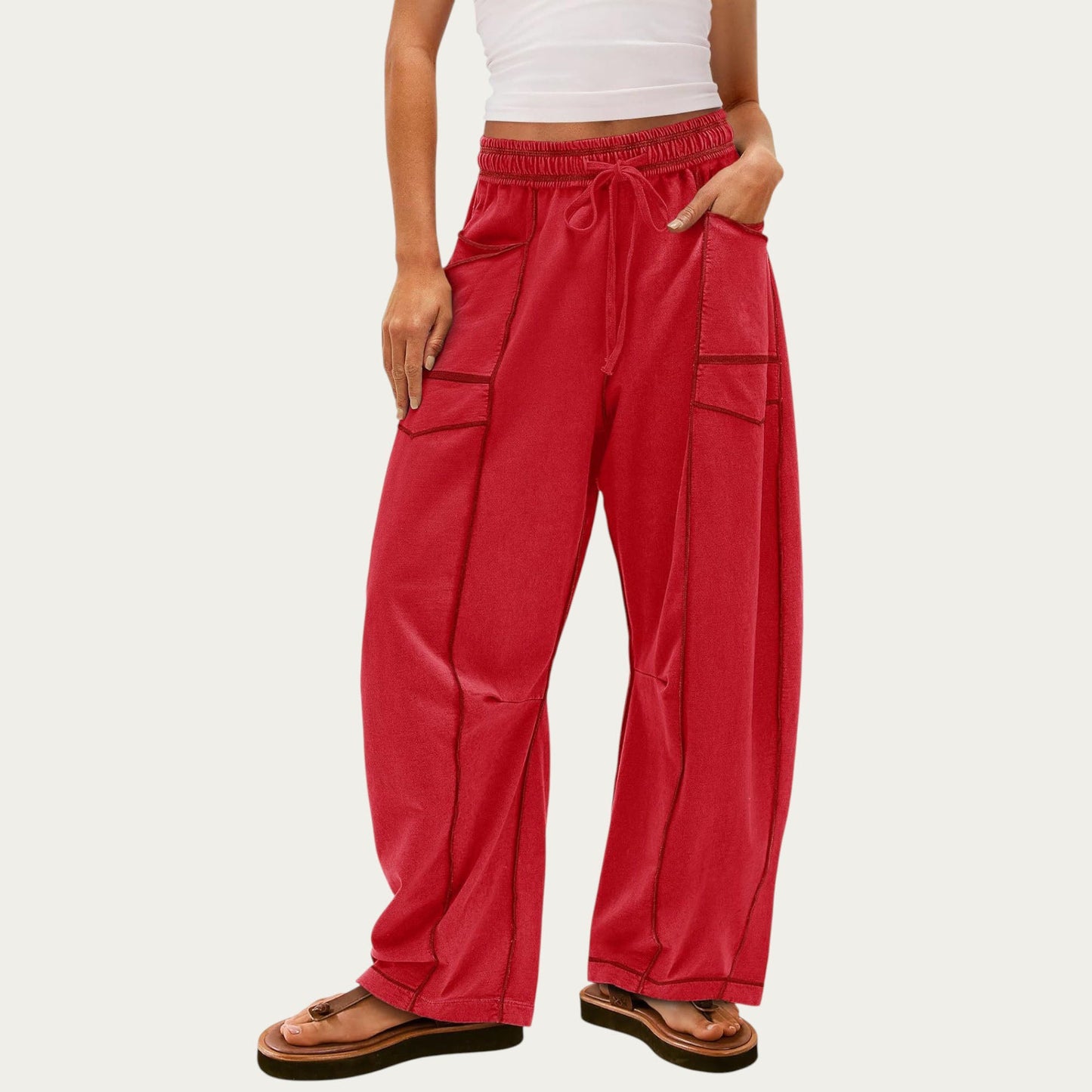 Anna-Kaci Women¡¯s Soft Wide Leg Pants with Cargo Style Seam Detailing Adjustable Drawstring Waistband and Relaxed Stretch Fit