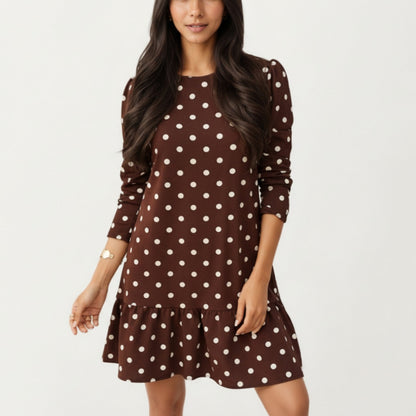 Anna-Kaci Women's Long Sleeve Polka Dot Mini Dress with Round Neckline and Ruffled Hem Detail
