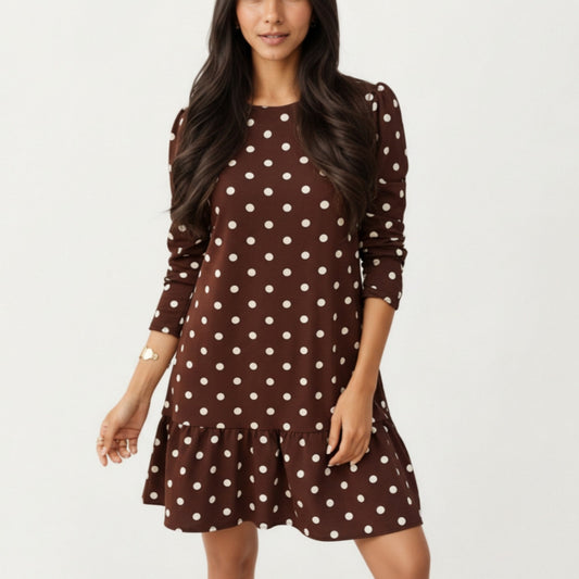 Anna-Kaci Women's Long Sleeve Polka Dot Mini Dress with Round Neckline and Ruffled Hem Detail