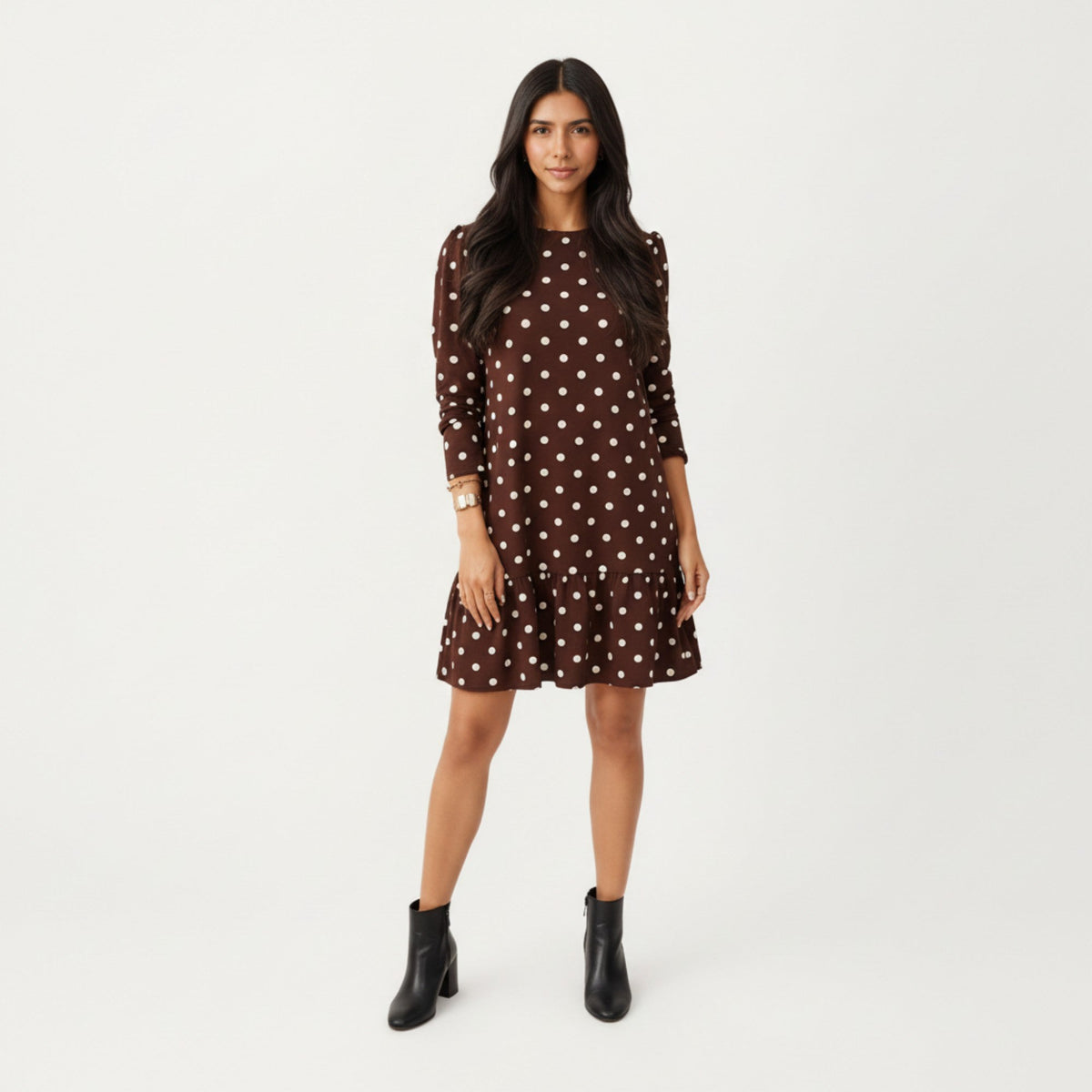 Anna-Kaci Women's Long Sleeve Polka Dot Mini Dress with Round Neckline and Ruffled Hem Detail