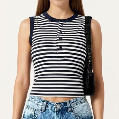 Anna-Kaci Striped Sleeveless Knit Tank Top with Button Front Crew Neck