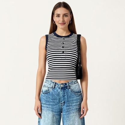 Anna-Kaci Striped Sleeveless Knit Tank Top with Button Front Crew Neck