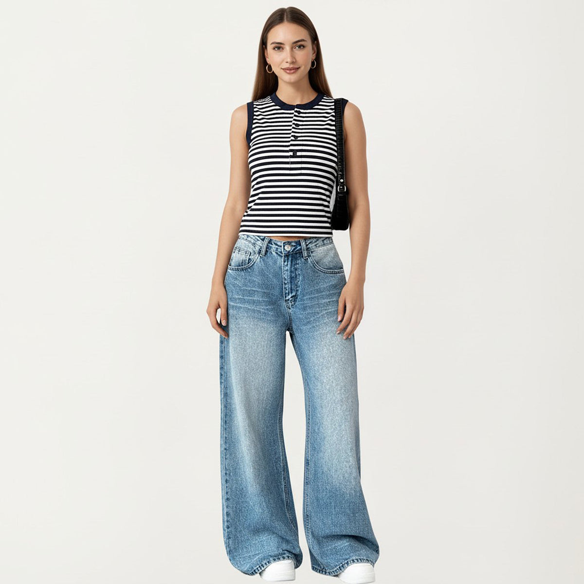 Anna-Kaci Striped Sleeveless Knit Tank Top with Button Front Crew Neck