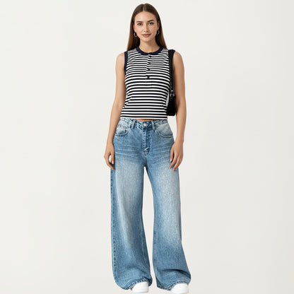 Anna-Kaci Striped Sleeveless Knit Tank Top with Button Front Crew Neck