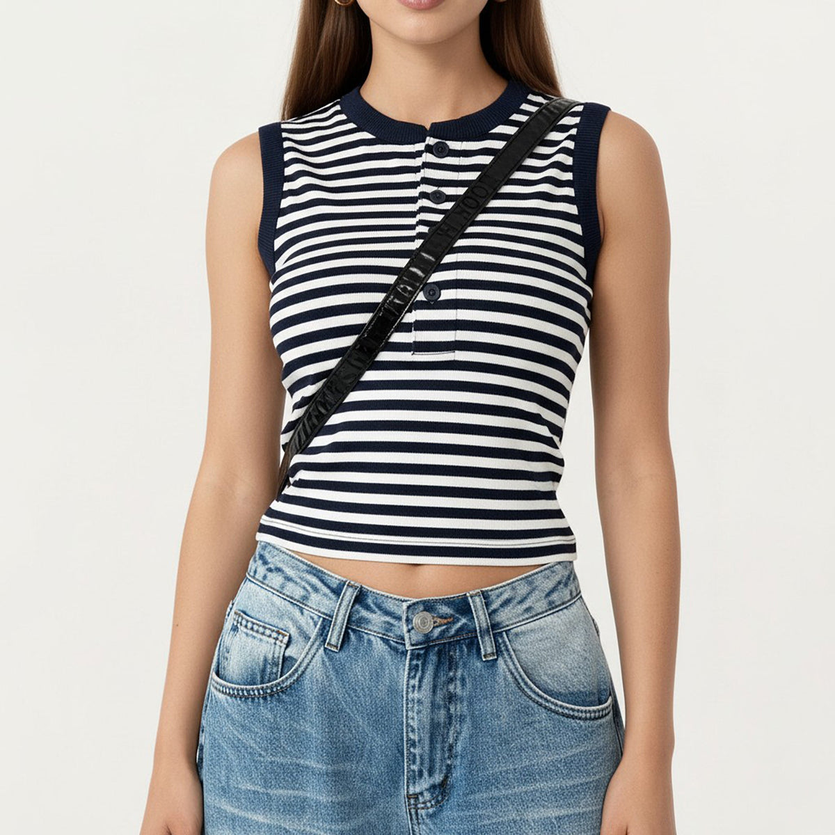 Anna-Kaci Striped Sleeveless Knit Tank Top with Button Front Crew Neck