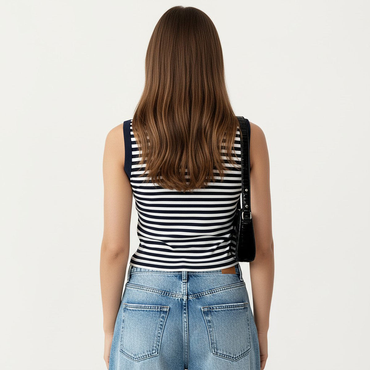 Anna-Kaci Striped Sleeveless Knit Tank Top with Button Front Crew Neck