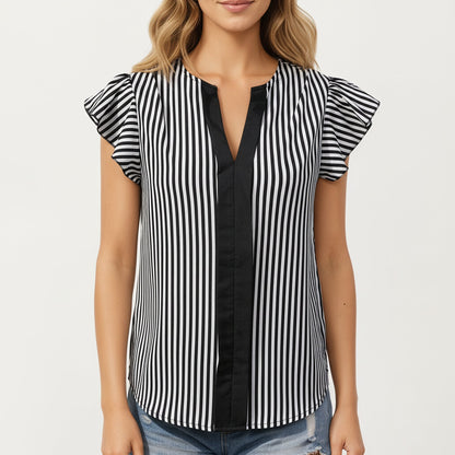 Anna-Kaci Vertical Stripe Flutter Sleeve Blouse with Split Neck Contrast Panel