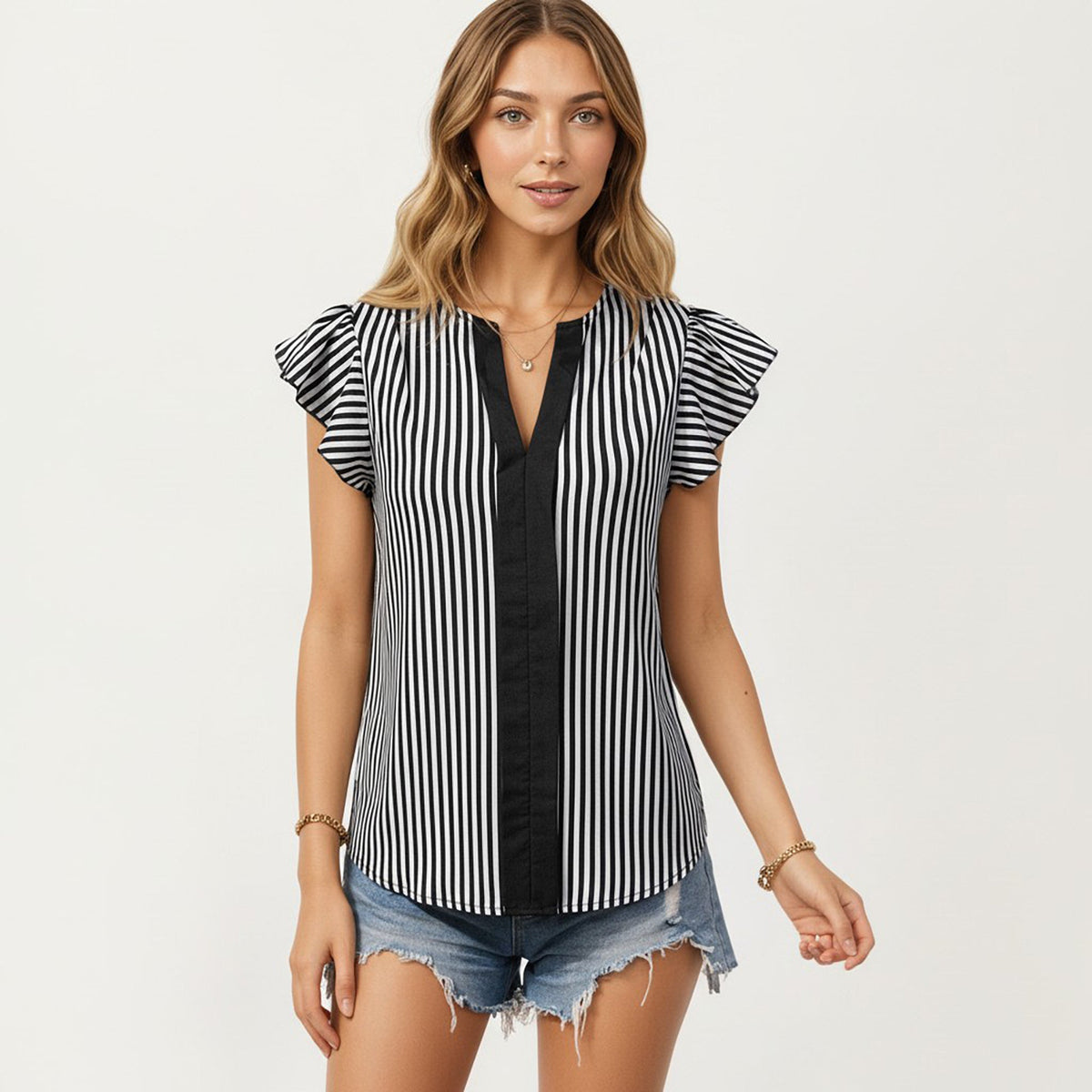 Anna-Kaci Vertical Stripe Flutter Sleeve Blouse with Split Neck Contrast Panel