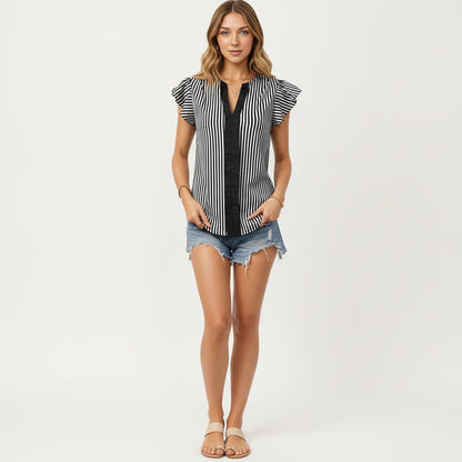 Anna-Kaci Vertical Stripe Flutter Sleeve Blouse with Split Neck Contrast Panel