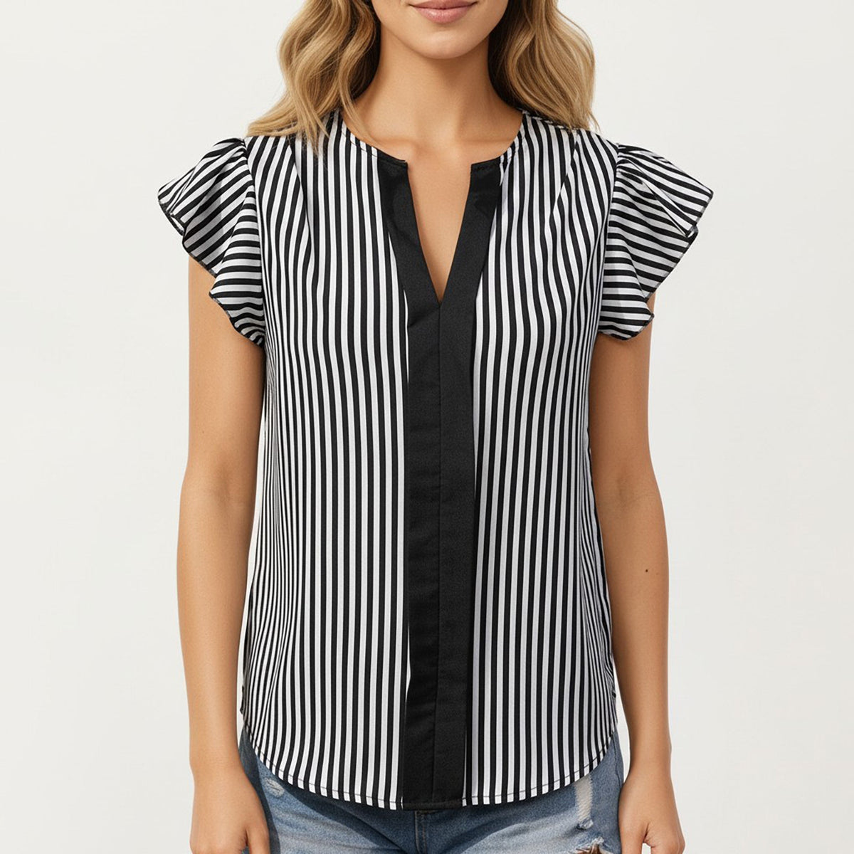 Anna-Kaci Vertical Stripe Flutter Sleeve Blouse with Split Neck Contrast Panel