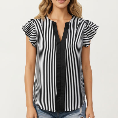 Anna-Kaci Vertical Stripe Flutter Sleeve Blouse with Split Neck Contrast Panel