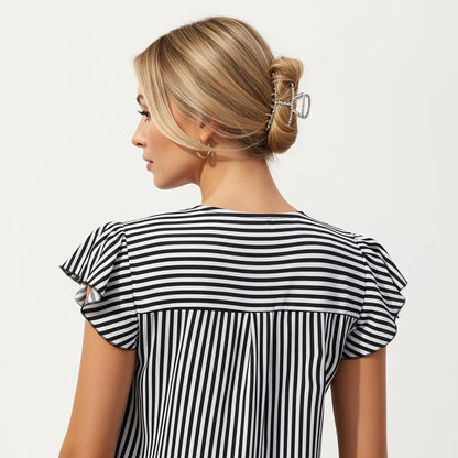 Anna-Kaci Vertical Stripe Flutter Sleeve Blouse with Split Neck Contrast Panel