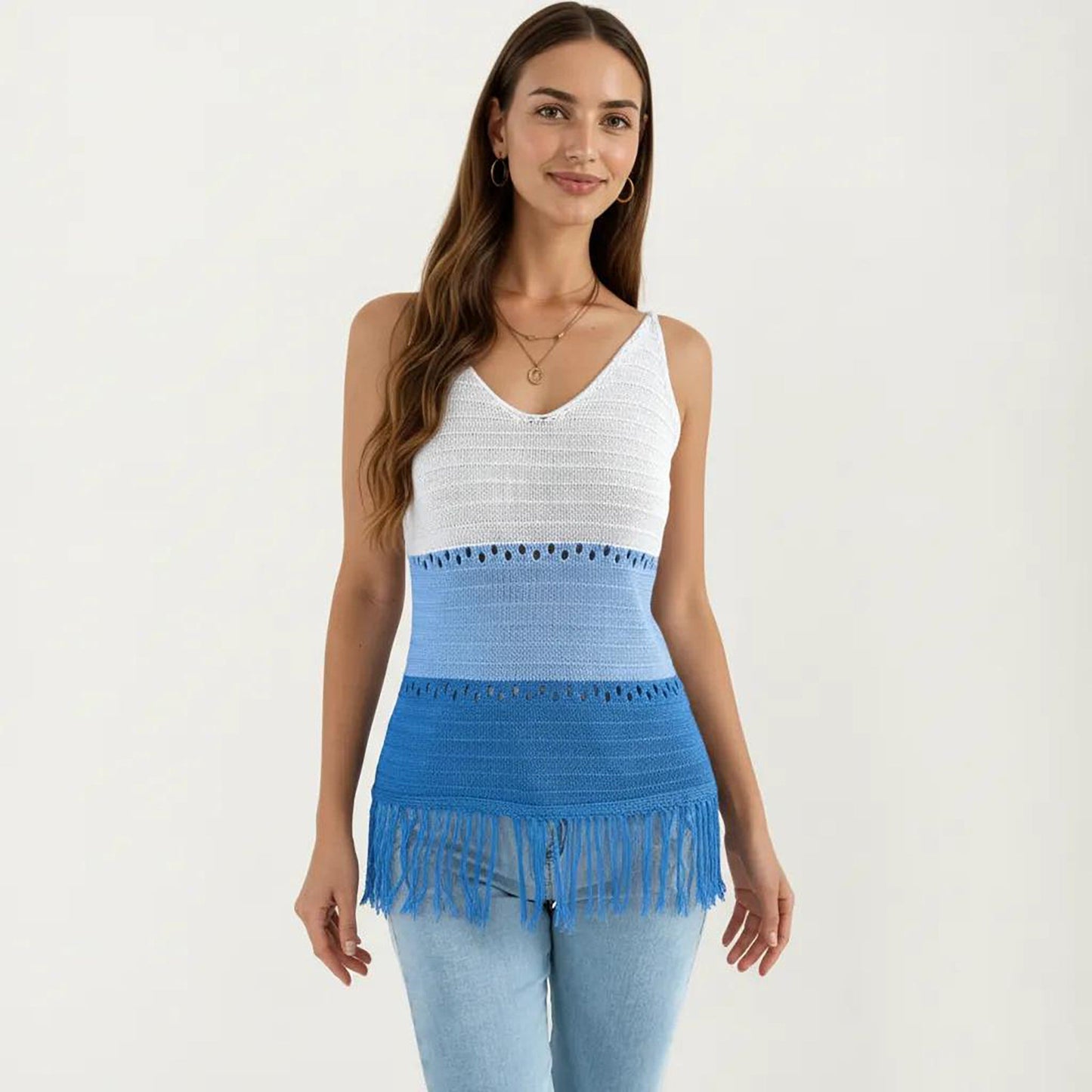 Anna-Kaci Women's Sleeveless Open Knit Tank Top with V Neck and Fringe Hem Detail