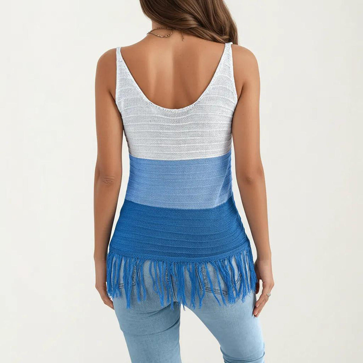 Anna-Kaci Women's Sleeveless Open Knit Tank Top with V Neck and Fringe Hem Detail