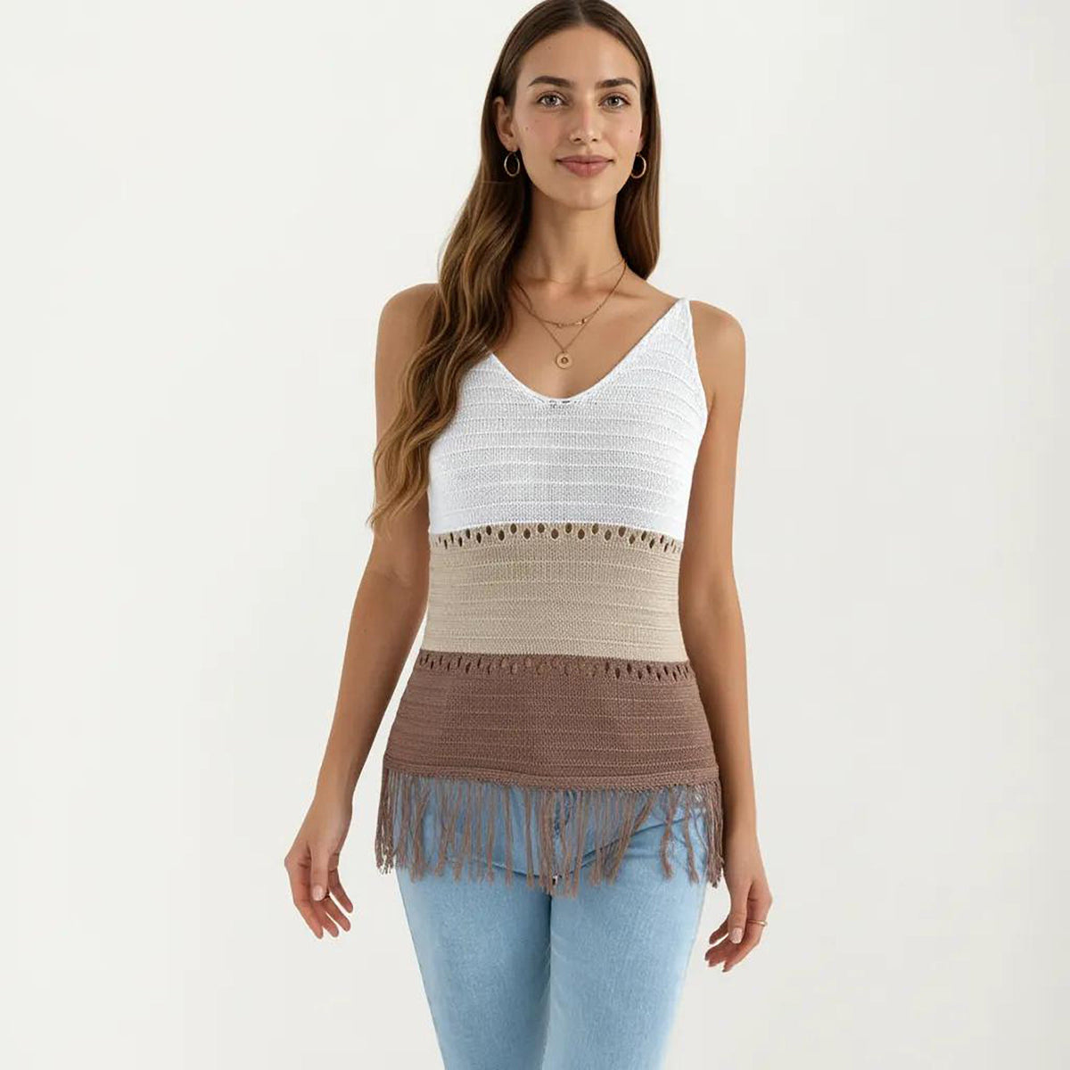 Anna-Kaci Women's Sleeveless Open Knit Tank Top with V Neck and Fringe Hem Detail