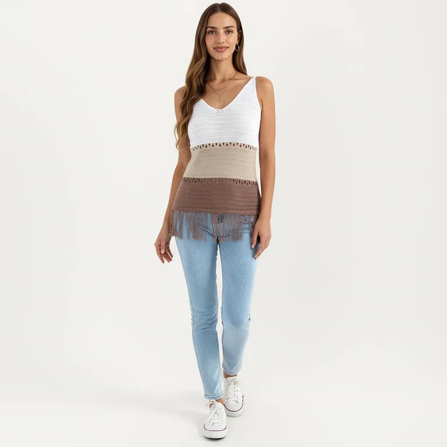 Anna-Kaci Women's Sleeveless Open Knit Tank Top with V Neck and Fringe Hem Detail