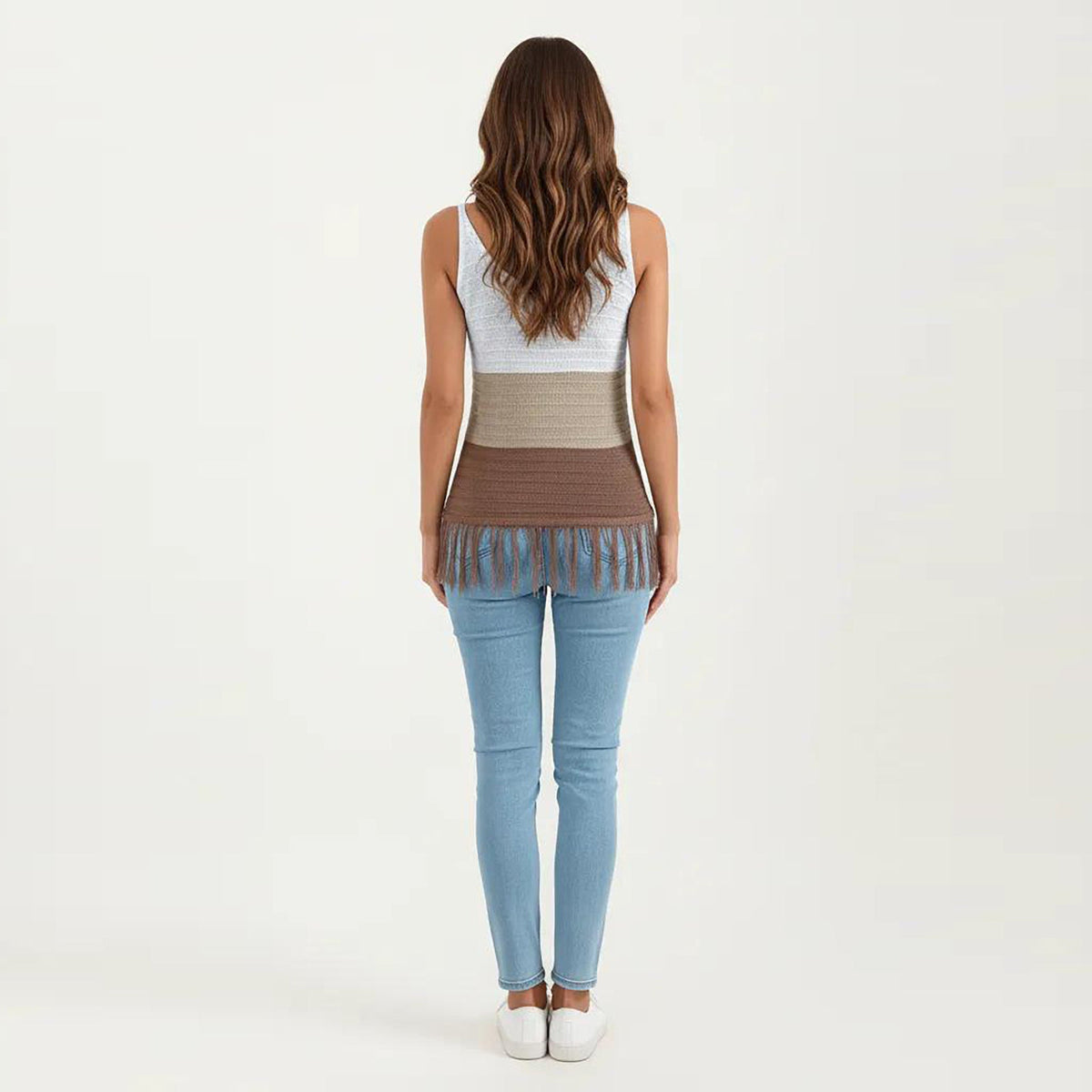 Anna-Kaci Women's Sleeveless Open Knit Tank Top with V Neck and Fringe Hem Detail