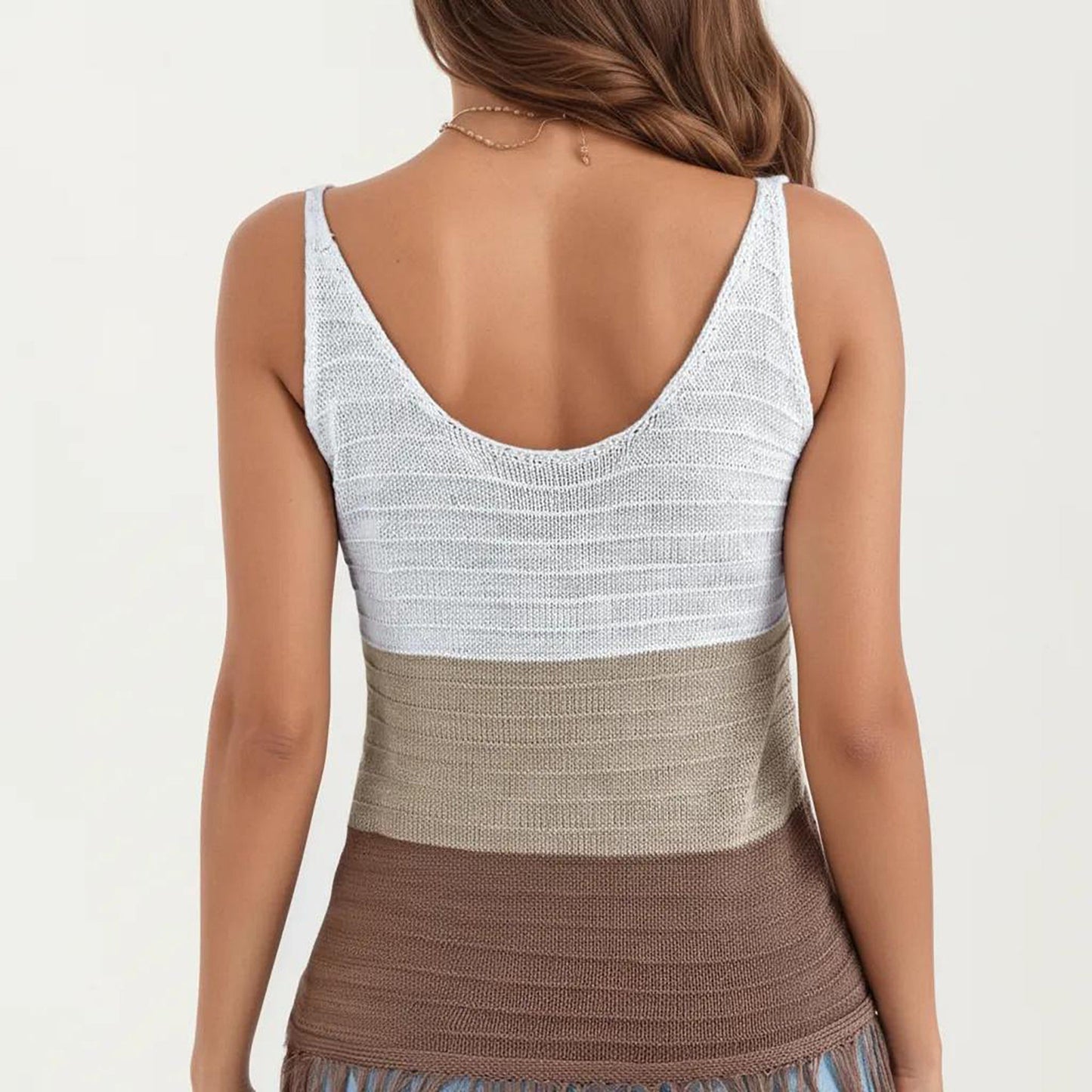 Anna-Kaci Women's Sleeveless Open Knit Tank Top with V Neck and Fringe Hem Detail