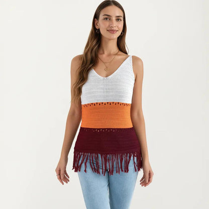 Anna-Kaci Women's Sleeveless Open Knit Tank Top with V Neck and Fringe Hem Detail