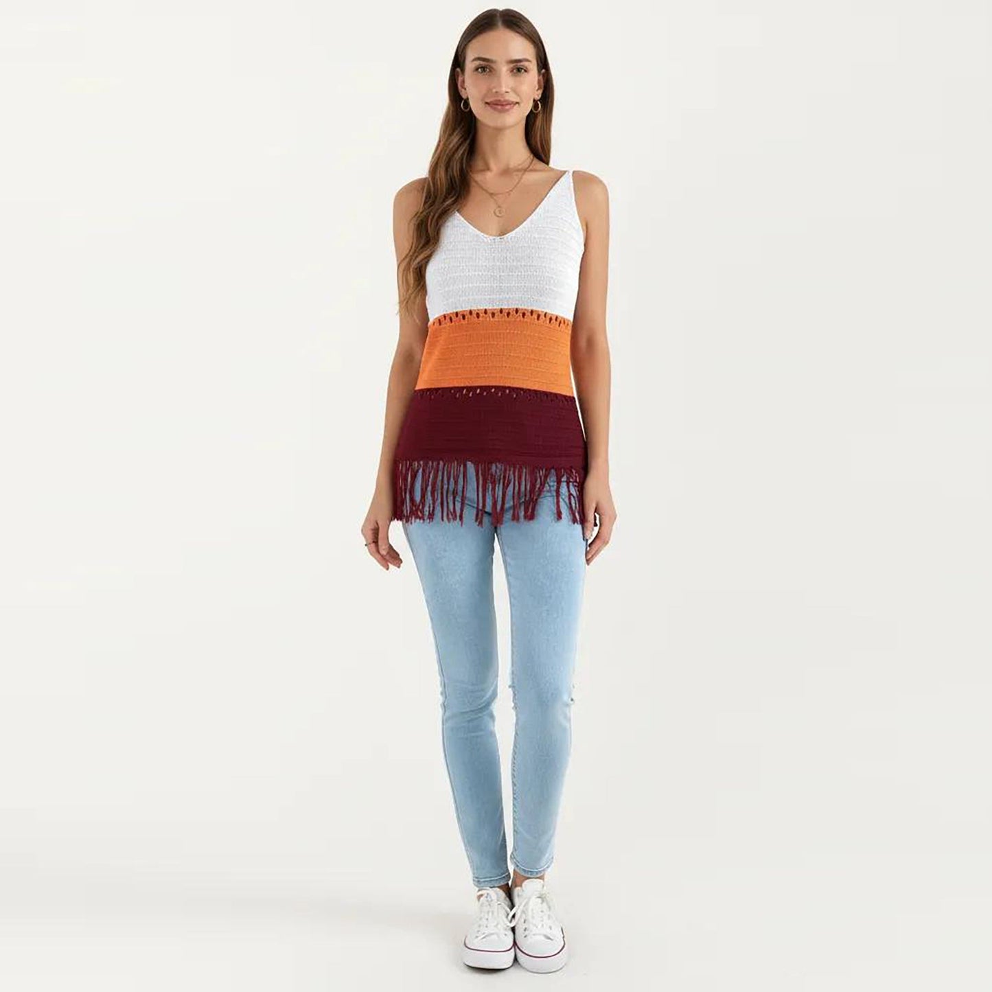 Anna-Kaci Women's Sleeveless Open Knit Tank Top with V Neck and Fringe Hem Detail