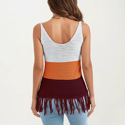 Anna-Kaci Women's Sleeveless Open Knit Tank Top with V Neck and Fringe Hem Detail