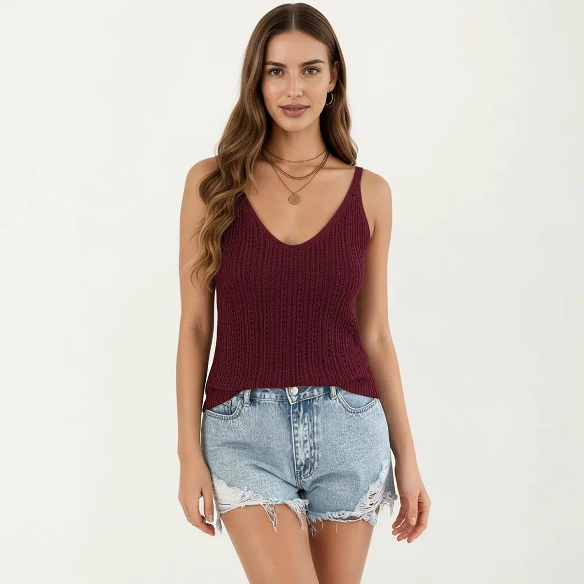 Anna-Kaci Women's Sleeveless Ribbed Open Knit Tank Top with V Neck and Slim Fit Silhouette