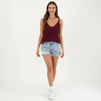 Anna-Kaci Women's Sleeveless Ribbed Open Knit Tank Top with V Neck and Slim Fit Silhouette