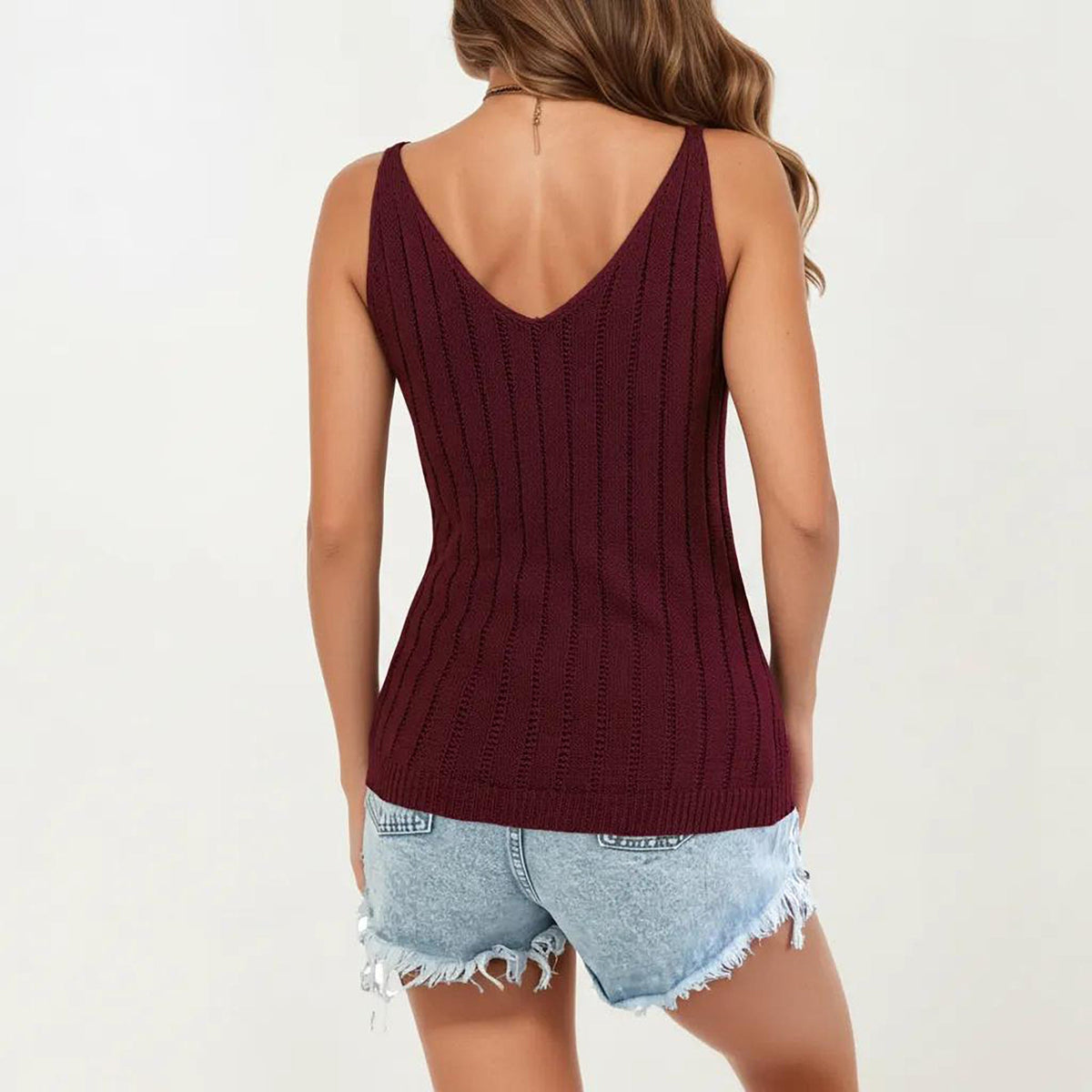 Anna-Kaci Women's Sleeveless Ribbed Open Knit Tank Top with V Neck and Slim Fit Silhouette