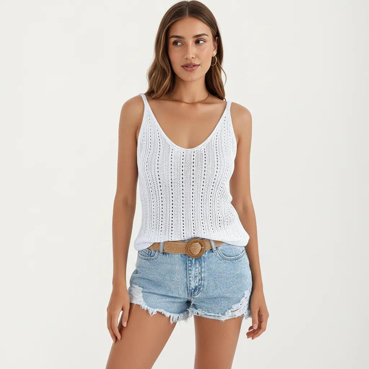 Anna-Kaci Women's Sleeveless Ribbed Open Knit Tank Top with V Neck and Slim Fit Silhouette