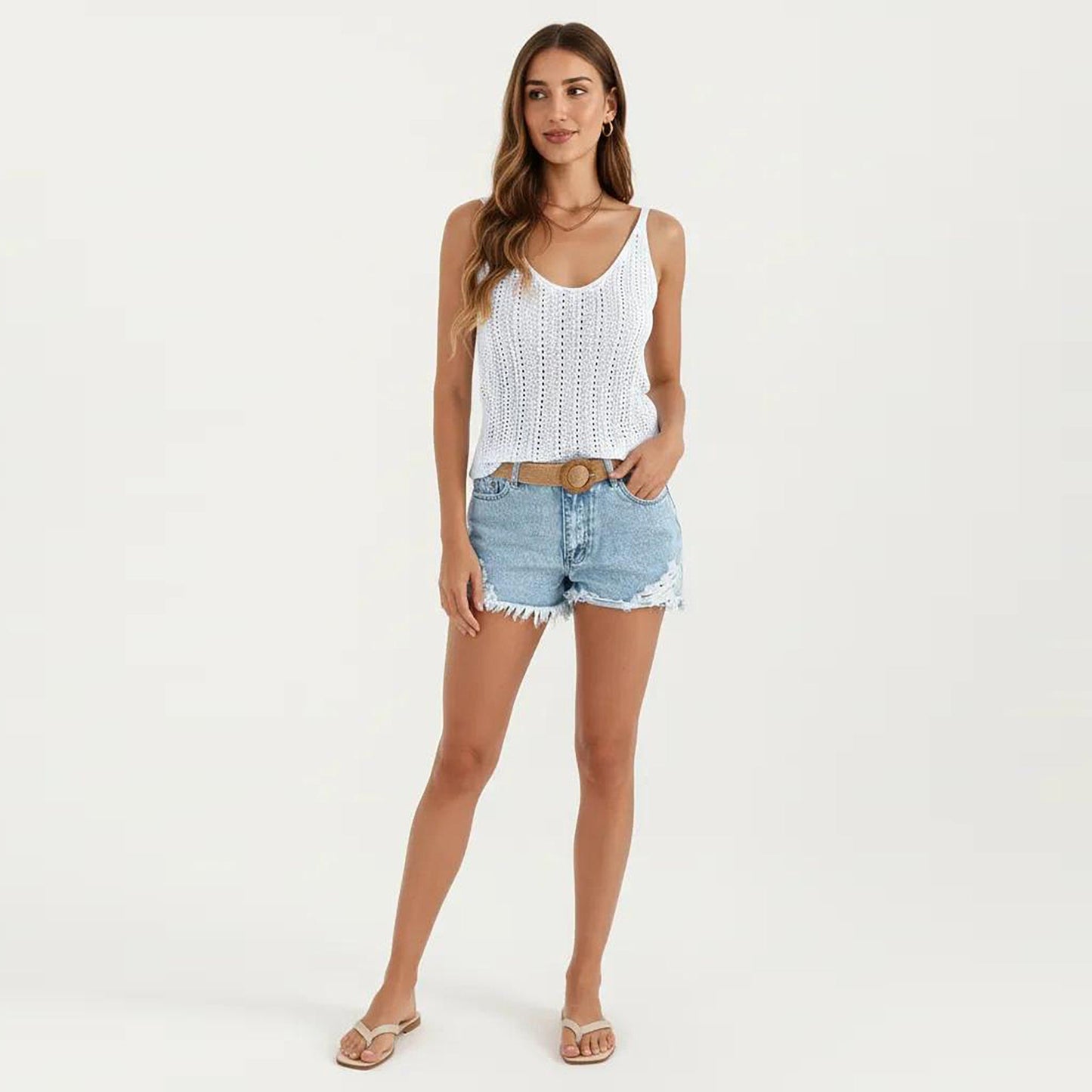 Anna-Kaci Women's Sleeveless Ribbed Open Knit Tank Top with V Neck and Slim Fit Silhouette
