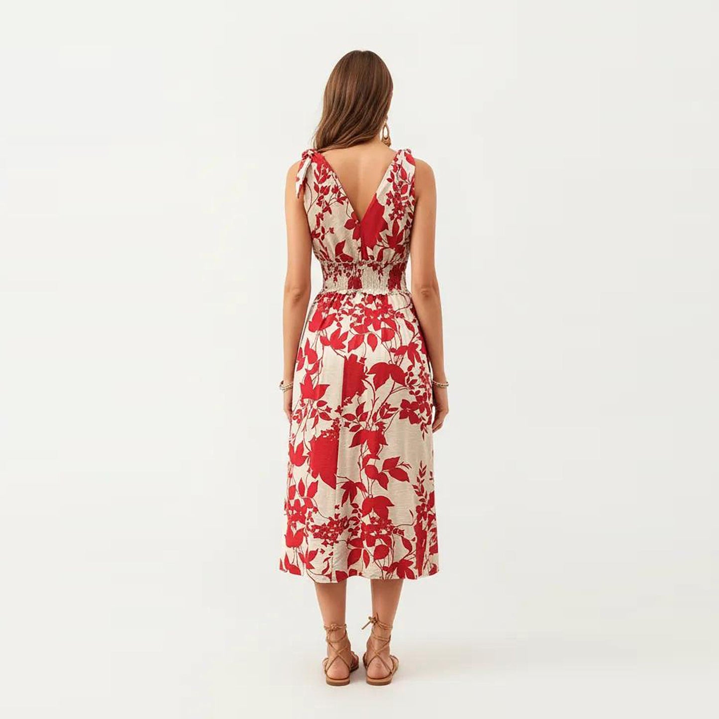 Anna-Kaci Women's Sleeveless V Neck Midi Dress with Smocked Waist and Flowing Skirt