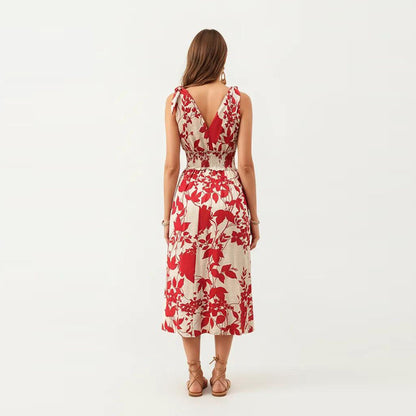 Anna-Kaci Women's Sleeveless V Neck Midi Dress with Smocked Waist and Flowing Skirt