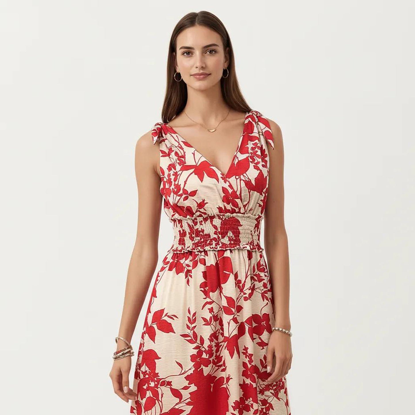 Anna-Kaci Women's Sleeveless V Neck Midi Dress with Smocked Waist and Flowing Skirt