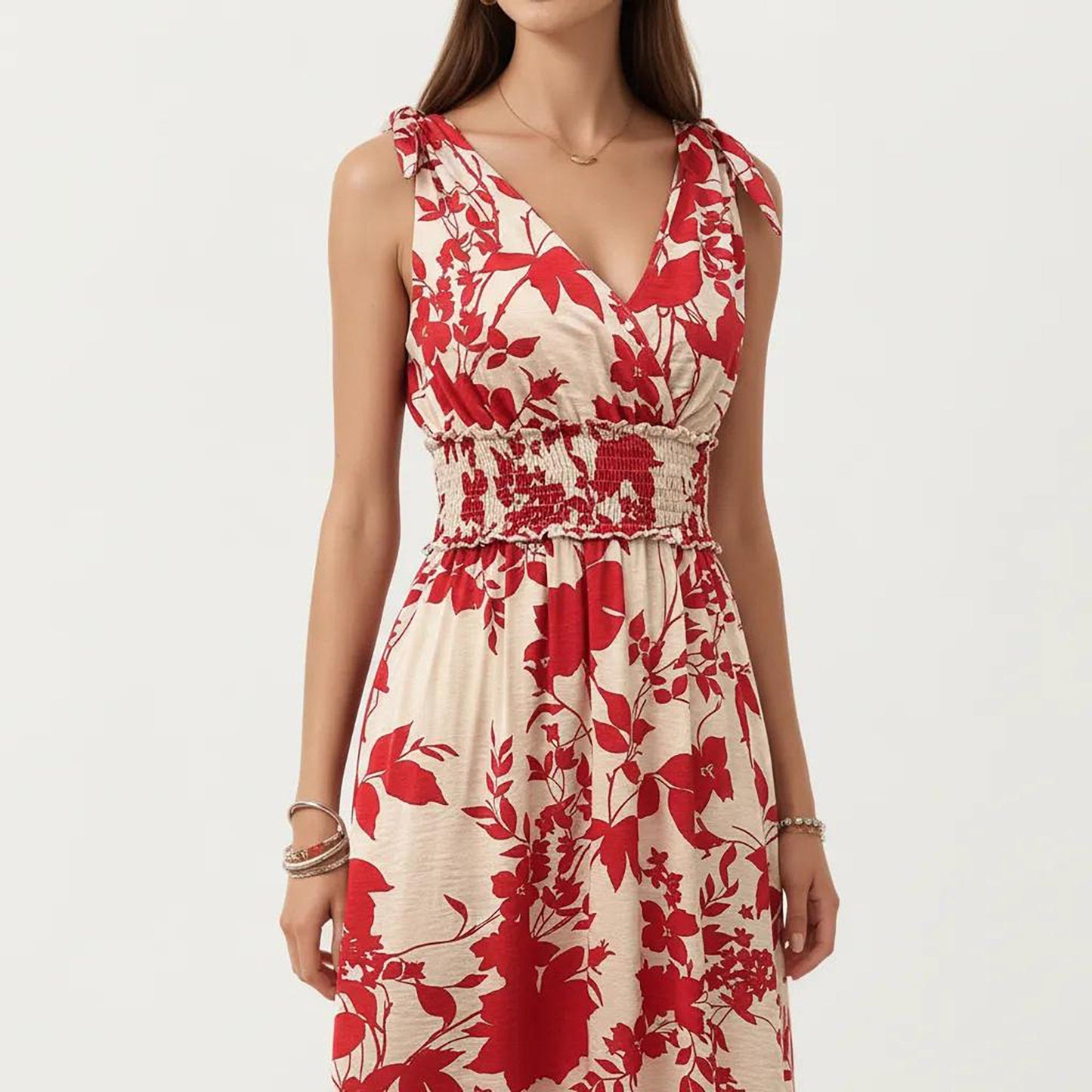 Anna-Kaci Women's Sleeveless V Neck Midi Dress with Smocked Waist and Flowing Skirt