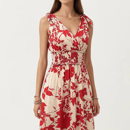 Anna-Kaci Women's Sleeveless V Neck Midi Dress with Smocked Waist and Flowing Skirt