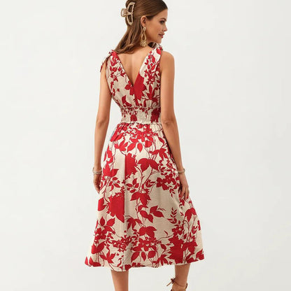 Anna-Kaci Women's Sleeveless V Neck Midi Dress with Smocked Waist and Flowing Skirt