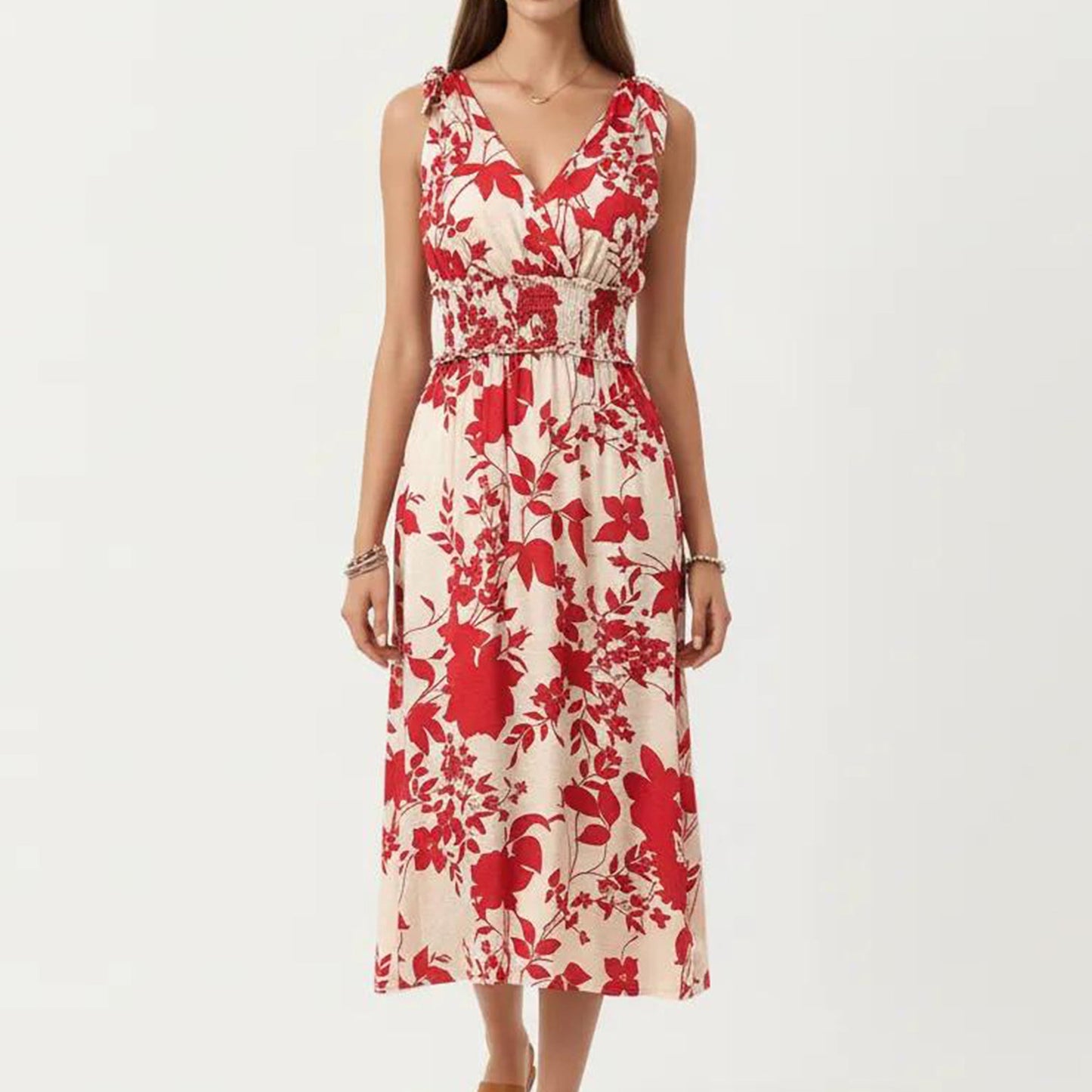 Anna-Kaci Women's Sleeveless V Neck Midi Dress with Smocked Waist and Flowing Skirt