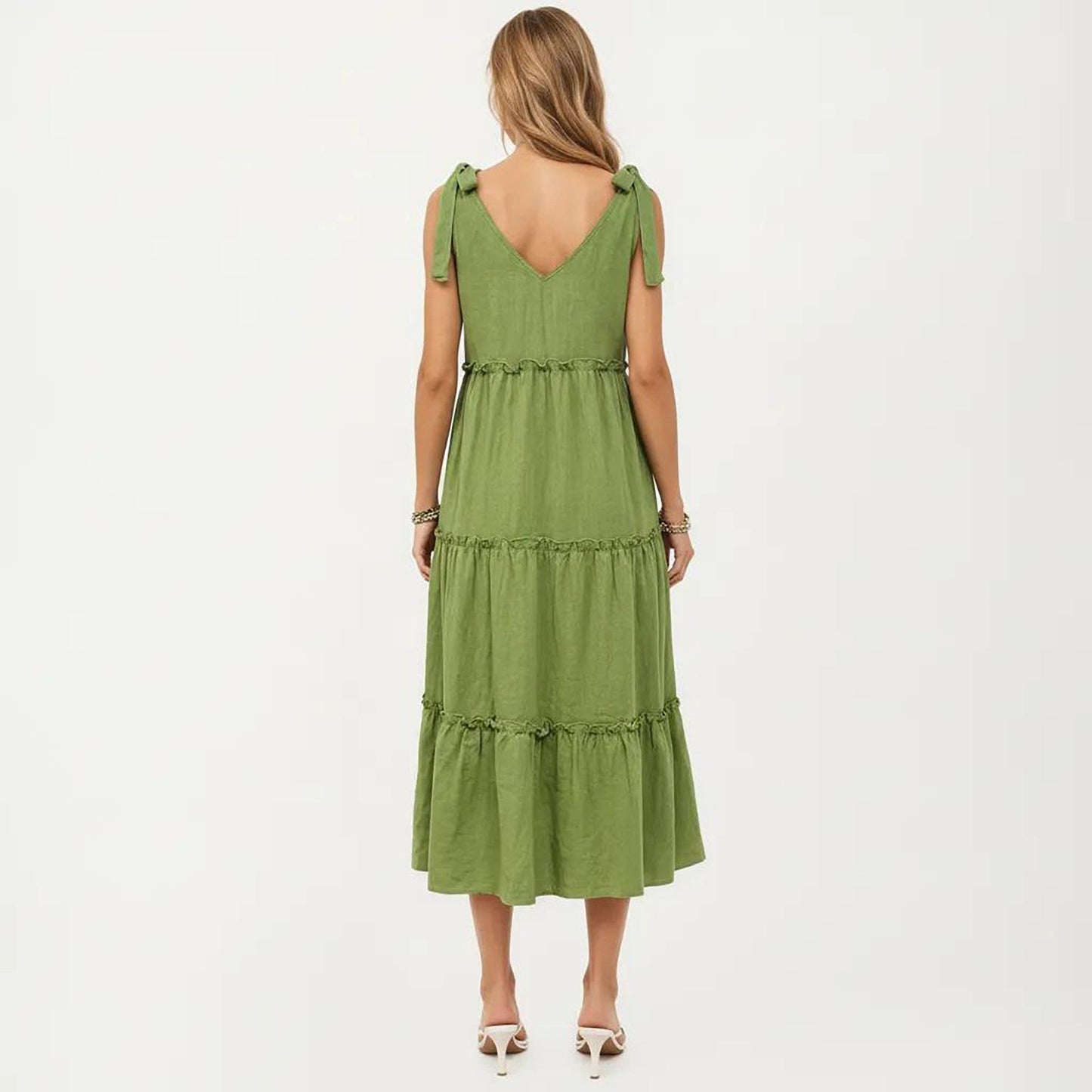 Anna-Kaci Women's Sleeveless Tiered Midi Dress with V Neckline and Shoulder Tie Detail
