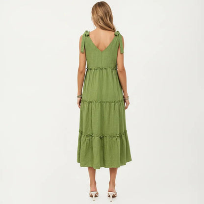 Anna-Kaci Women's Sleeveless Tiered Midi Dress with V Neckline and Shoulder Tie Detail