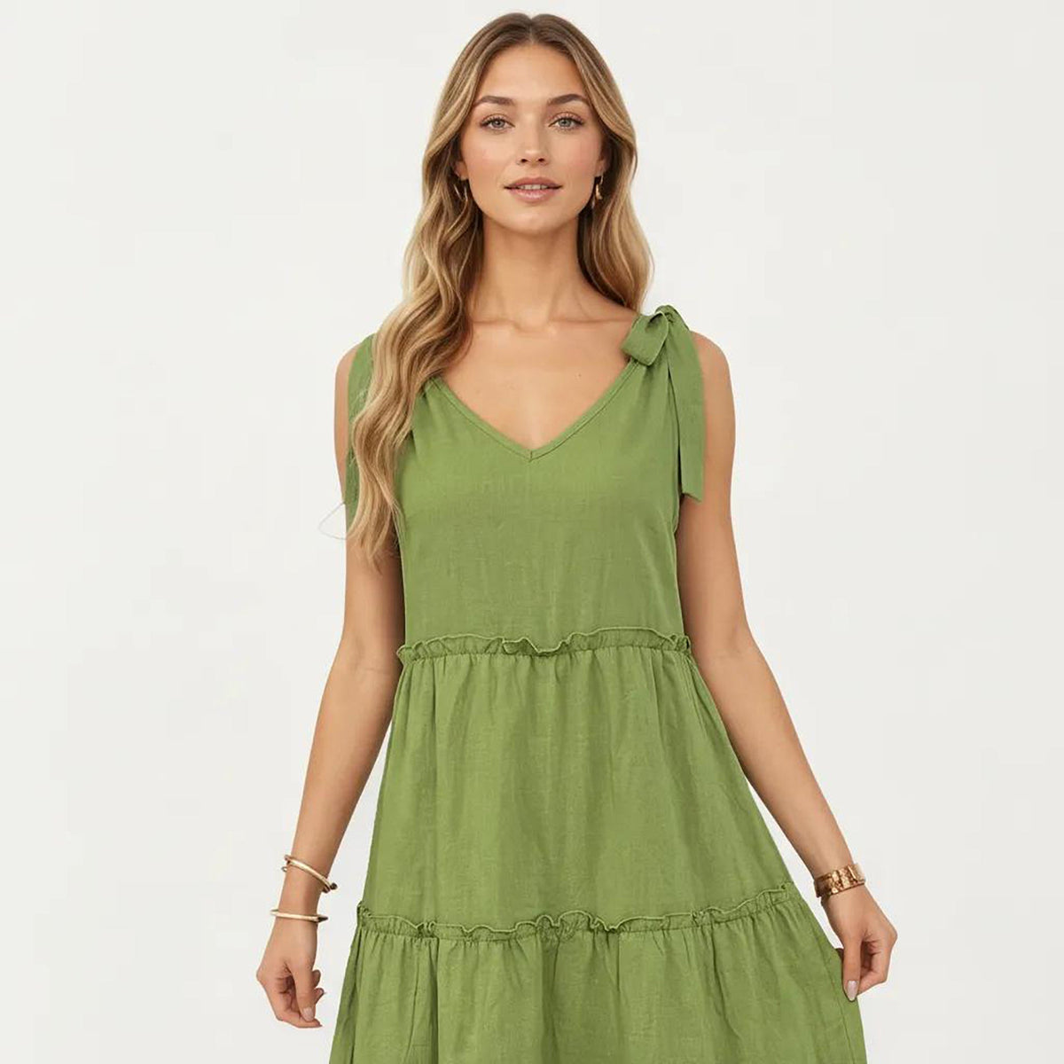 Anna-Kaci Women's Sleeveless Tiered Midi Dress with V Neckline and Shoulder Tie Detail