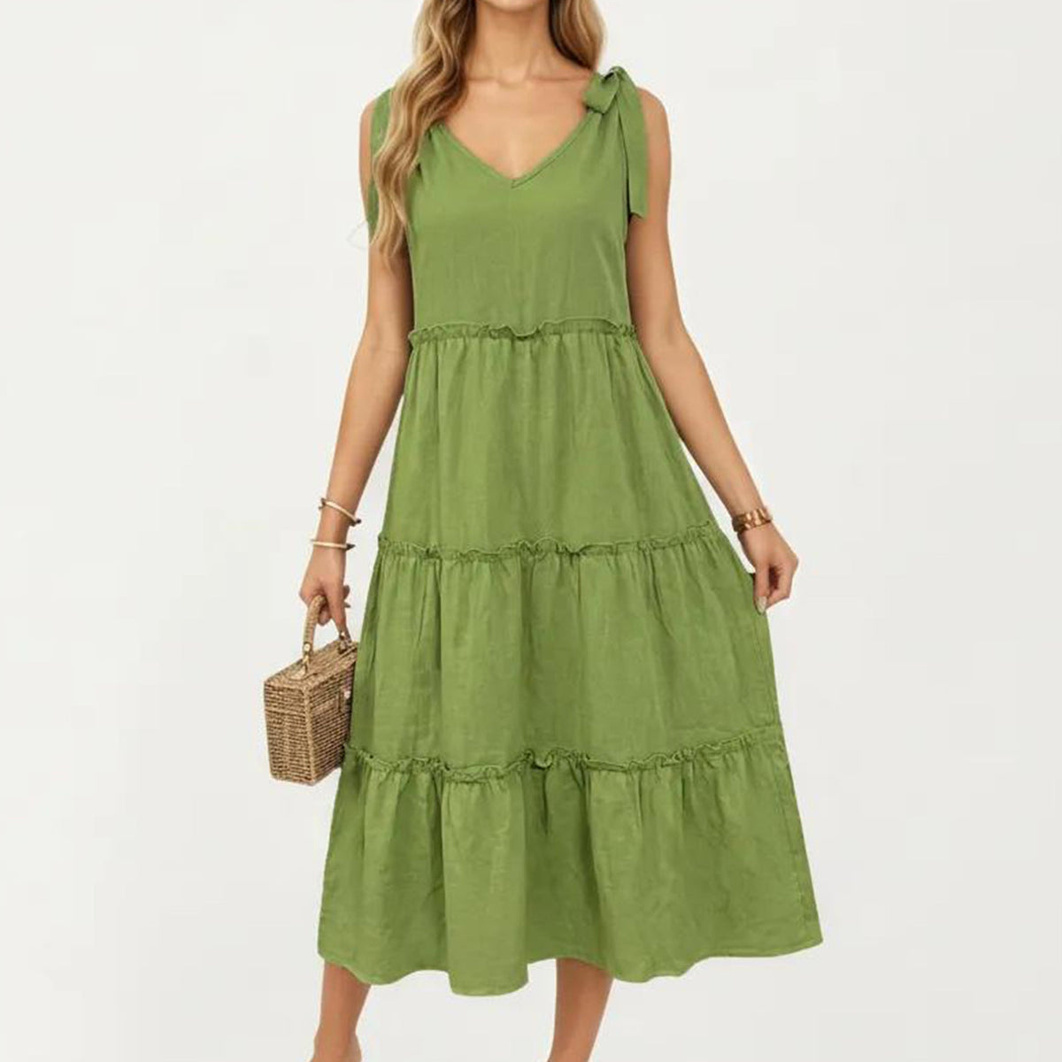 Anna-Kaci Women's Sleeveless Tiered Midi Dress with V Neckline and Shoulder Tie Detail
