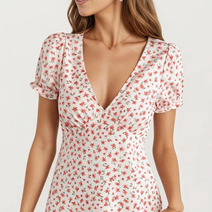 Anna-Kaci Women's Short Sleeve V Neck Mini Dress with Ditsy Floral Print and Fitted Silhouette