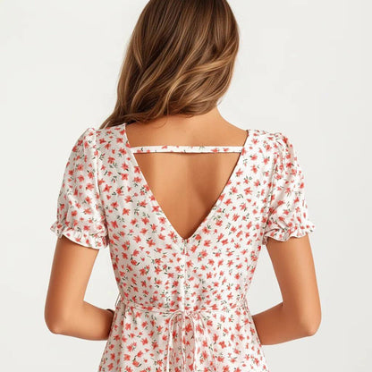 Anna-Kaci Women's Short Sleeve V Neck Mini Dress with Ditsy Floral Print and Fitted Silhouette