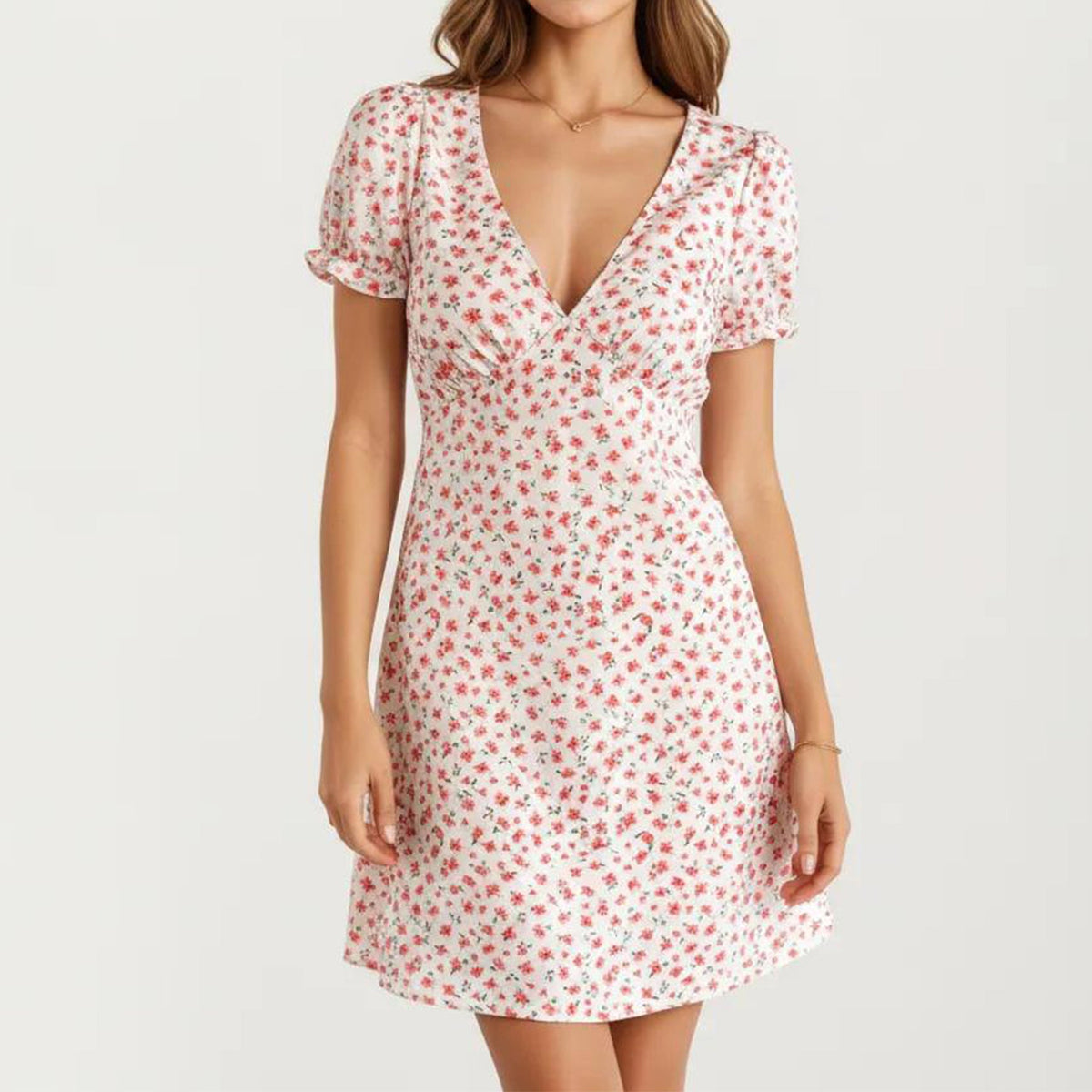 Anna-Kaci Women's Short Sleeve V Neck Mini Dress with Ditsy Floral Print and Fitted Silhouette
