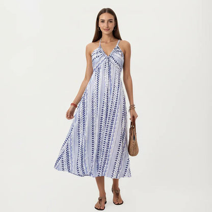Anna-Kaci Women's Halter Neck Midi Dress with V Neckline Smocked Bodice and Flowing A-Line Skirt