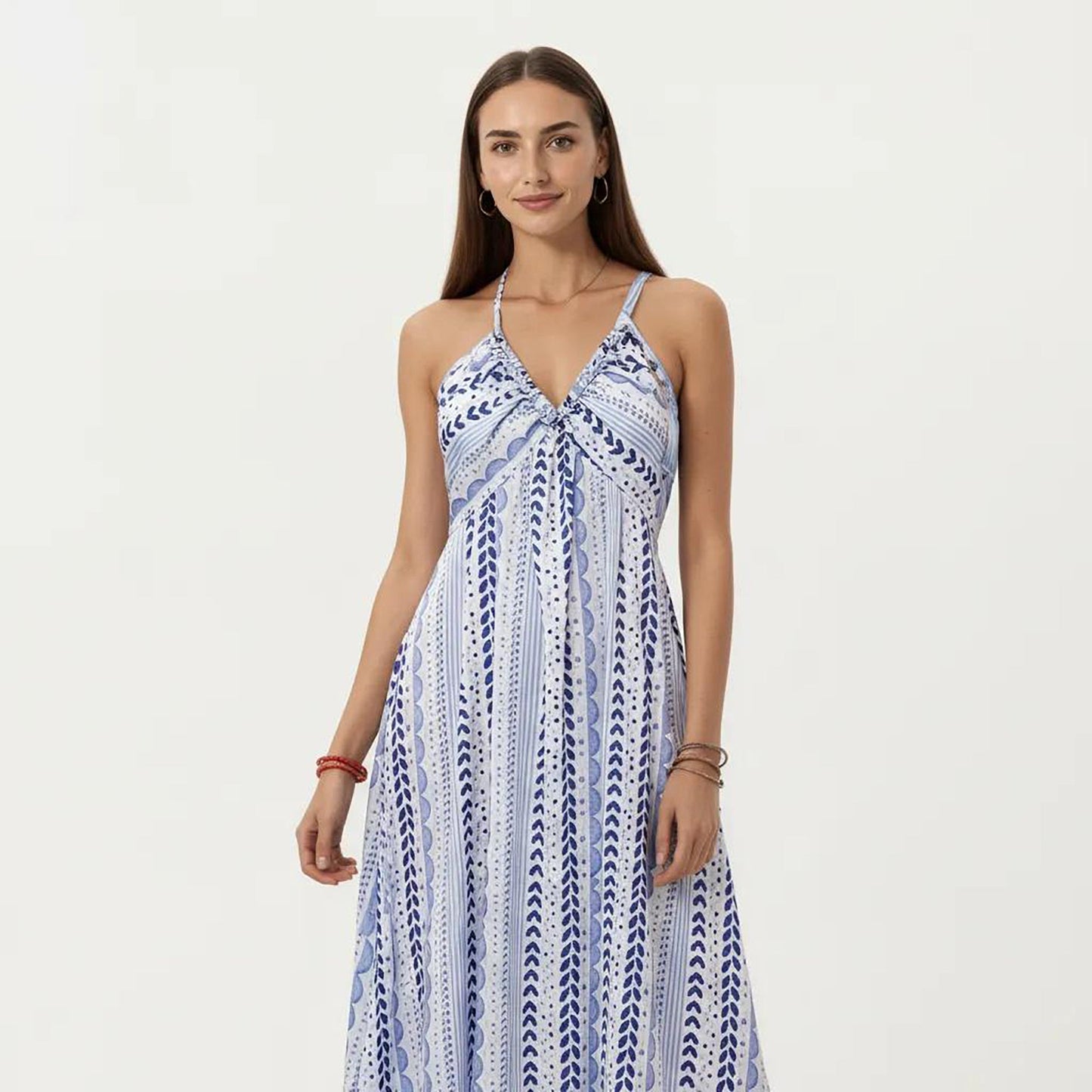 Anna-Kaci Women's Halter Neck Midi Dress with V Neckline Smocked Bodice and Flowing A-Line Skirt