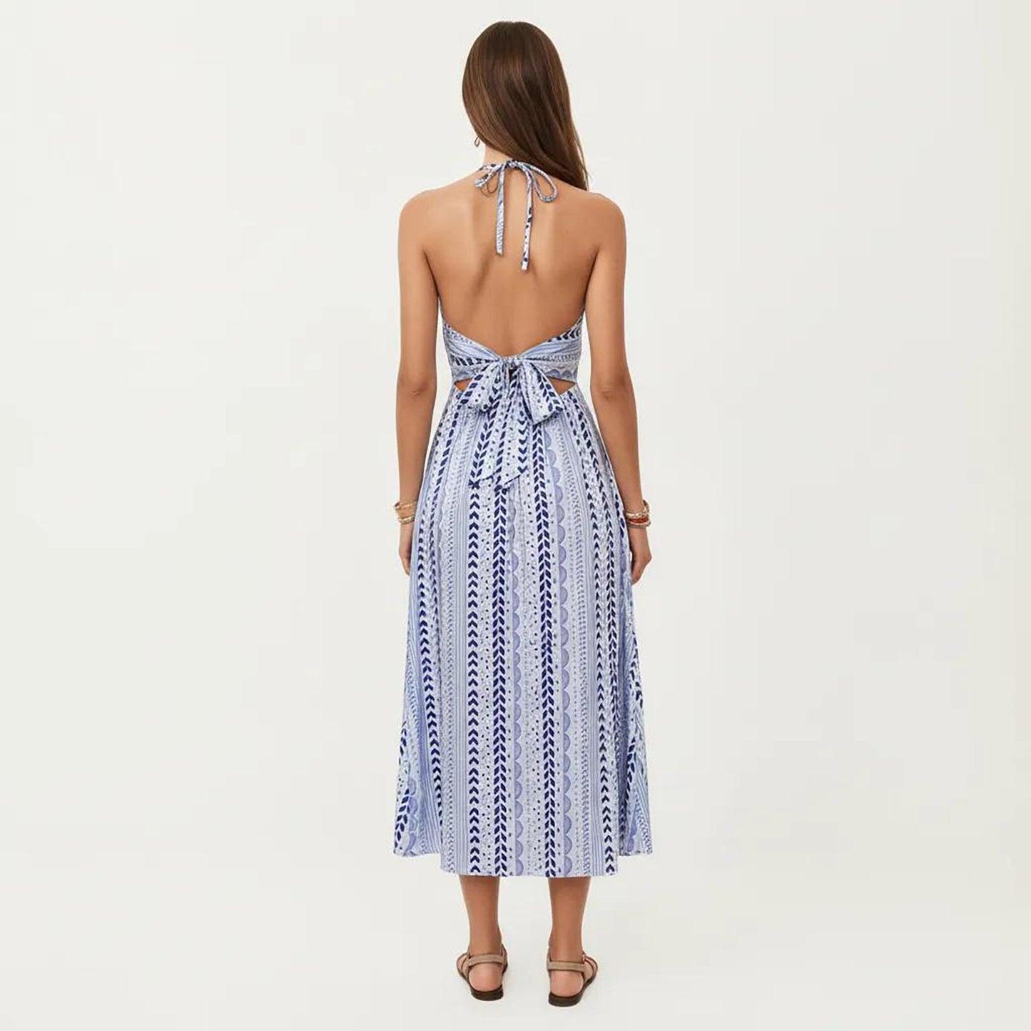 Anna-Kaci Women's Halter Neck Midi Dress with V Neckline Smocked Bodice and Flowing A-Line Skirt