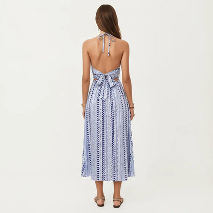 Anna-Kaci Women's Halter Neck Midi Dress with V Neckline Smocked Bodice and Flowing A-Line Skirt