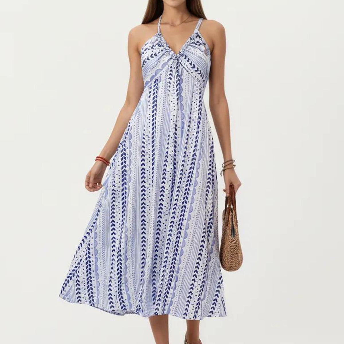 Anna-Kaci Women's Halter Neck Midi Dress with V Neckline Smocked Bodice and Flowing A-Line Skirt